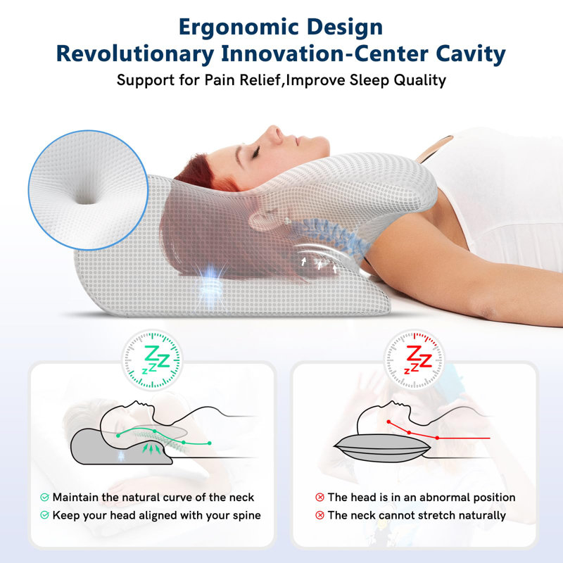 White Ergonomic Memory Foam Cervical Neck Pillow for Pain Relief
