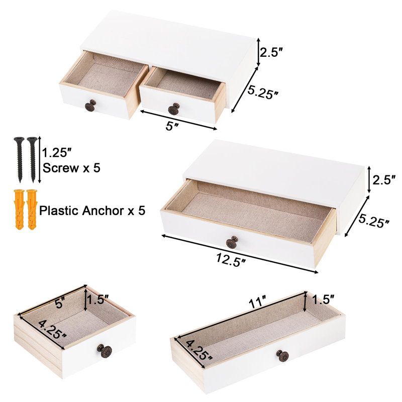 2 Packs Floating Nightstand With Drawer - Rustic Wood Floating Wall Mounted Drawers Floating Shelf With Drawer, White