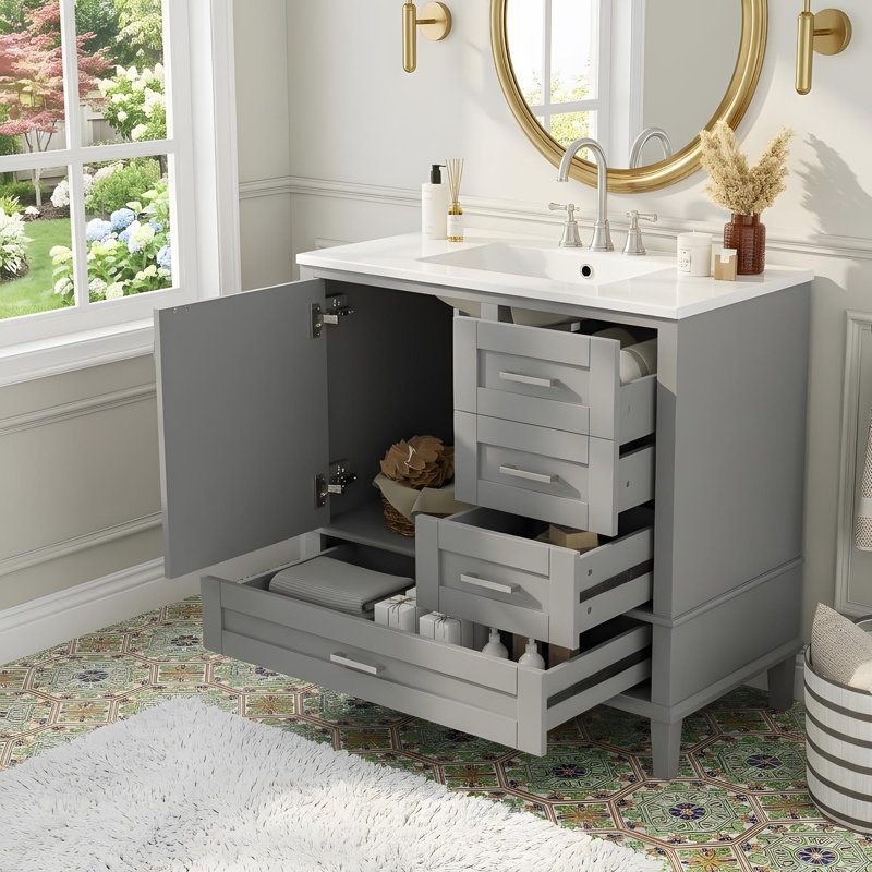 Meuble-lavabo de 36 po avec lavabo en céramique, portes à fermeture douce et trois tiroirs, Gris