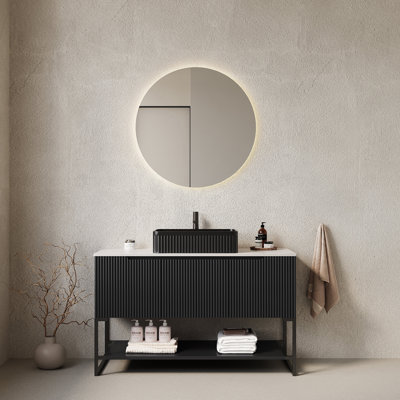 Meuble-lavabo 48 po, meuble de rangement autoportant avec 3 portes et tablette ouverte, lavabo rectangulaire en céramique noire et comptoir en pierre frittée blanc de Carrare, noir (nouveau SKU)