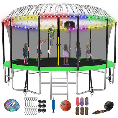 16FT Round Backyard Trampoline with Safety Enclosure, Light, Sprinker, Socks