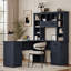 Bureau d'ordinateur en L, bleu antique, 2 armoires, 2 tiroirs et 11 tablettes, avec prise de courant-133655180