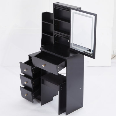 Vanity Desk, 29.2" Small Size Left Bedside Cabinet Vanity Table , Cushioned Stool, Large Sliding, Touch Control, Tri-Color Switching, Brightness Adjust LED Mirror, High Capacity Storage, Suitable For Small Space