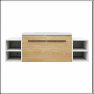 Meuble-lavabo mural avec 2 portes et tablettes de rangement latérales