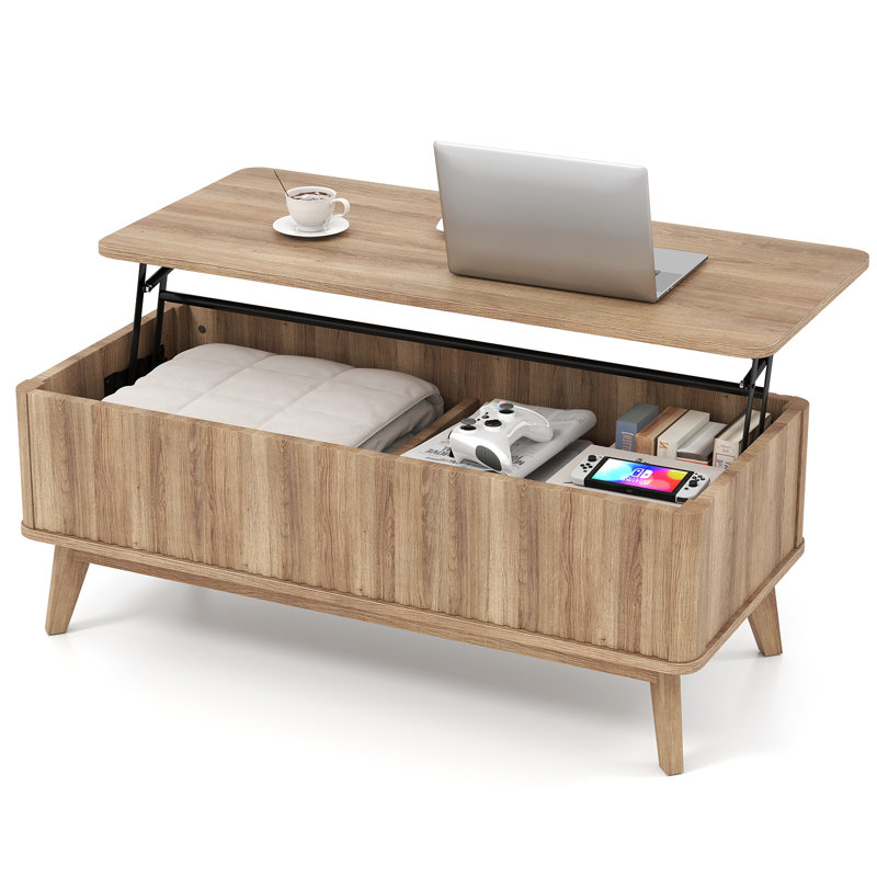 Fluted Lift Top Coffee Table 35.5" Rectangle Wooden Center Table With Lift Tabletop & Hidden Compartments