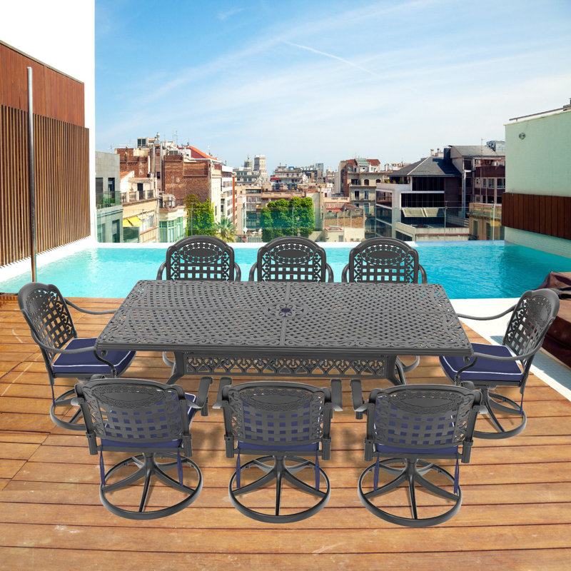 Ensemble de salle à manger 9 pièces en fonte d'aluminium toutes saisons, comprenant 8 chaises pivotantes et une table rectangulaire avec cadre noir