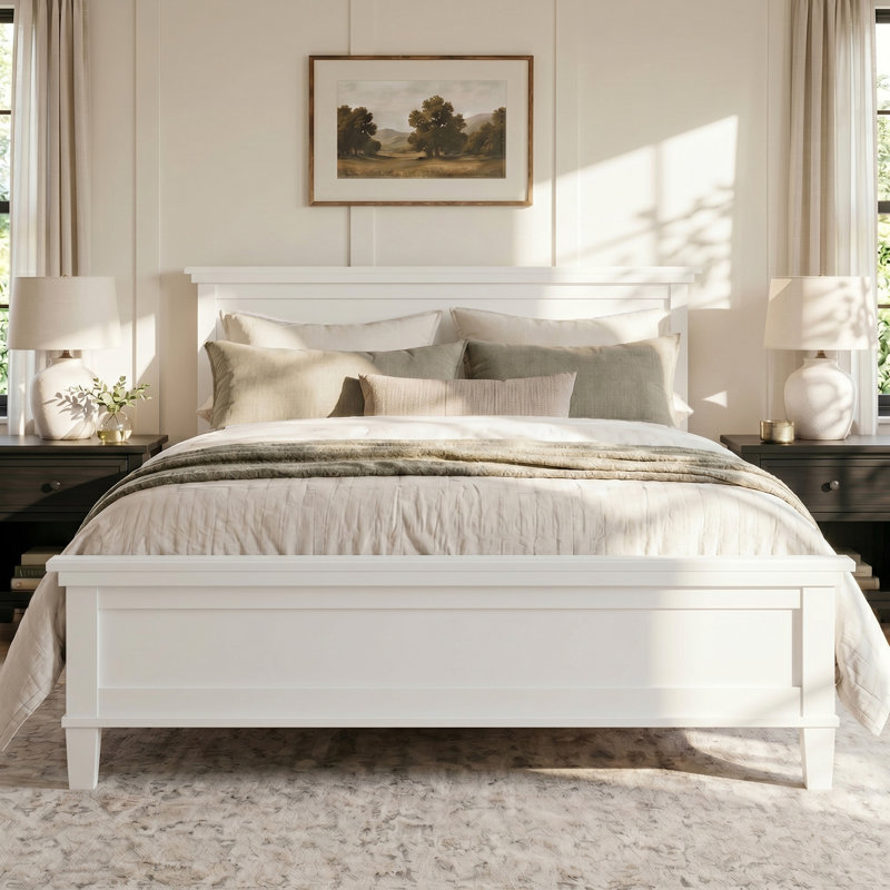 Lit plateforme en bois de style Mid-Century, cadre de lit de style campagnard avec tête de lit et support à lattes de bois, aucun sommier nécessaire, grand