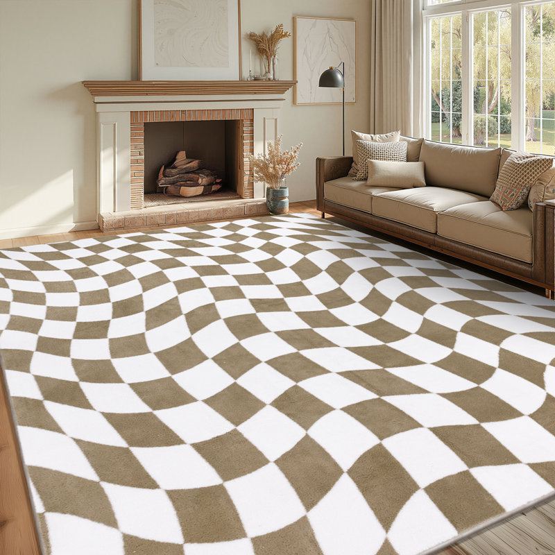 Tapis à carreaux lavable antidérapant Modern, Rectangulaire 8 pi x 10 pi, Blanc/Brun clair