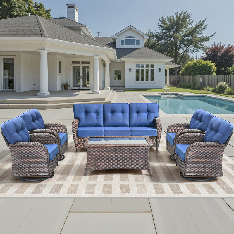 Ensemble de meubles de patio 6 pièces, ensemble de sièges d'extérieur toutes saisons avec chaises pivotantes, Bleu