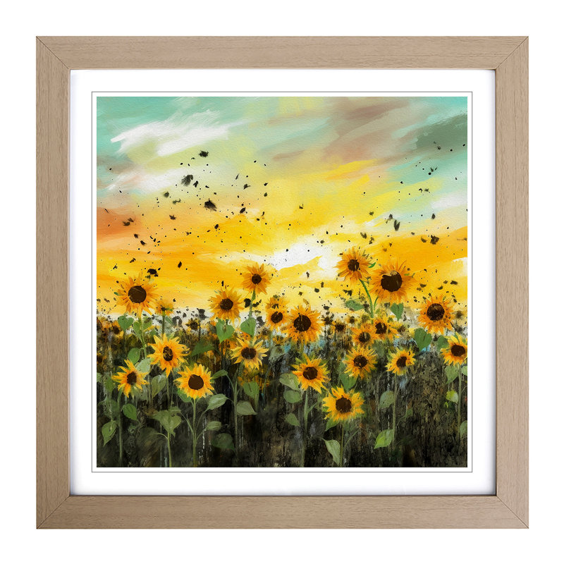 Sunflower Field Splatter Art - Framed Print, Oak