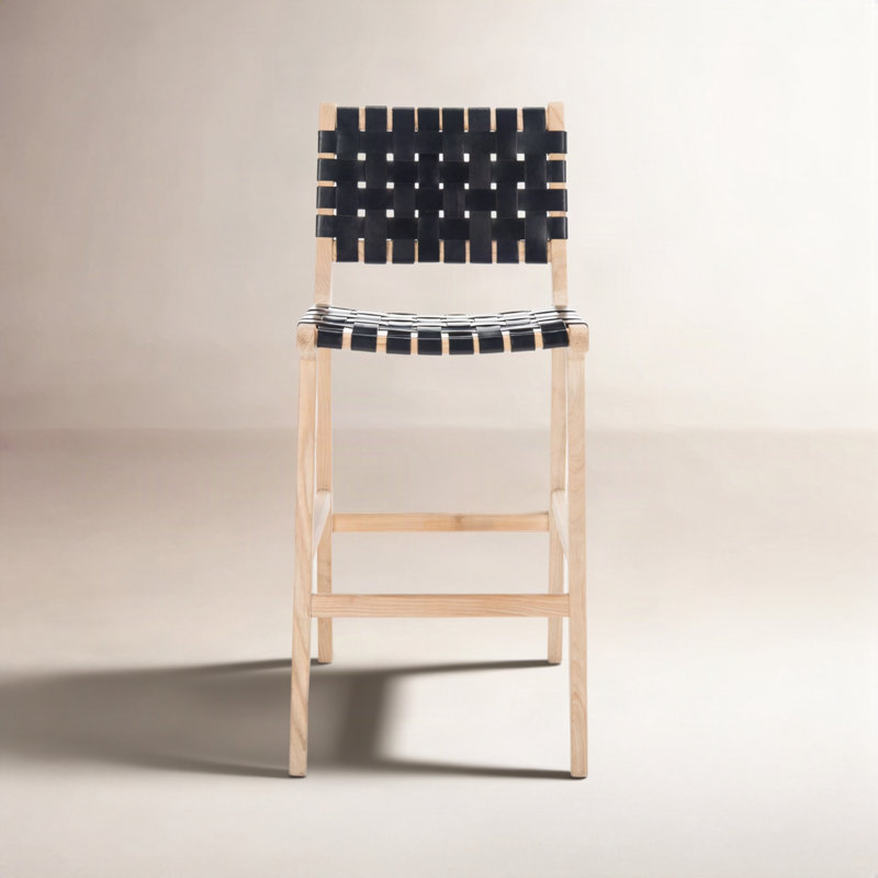 Tabouret Alston, Cuir noir / cadre naturel sans finition, Tabouret de comptoir (siège d'une hauteur de 27,1