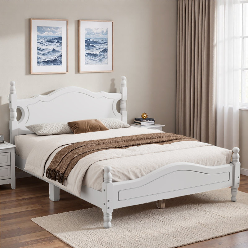 Lit plateforme de style rétro avec support en lattes de bois, Blanc, Lit double