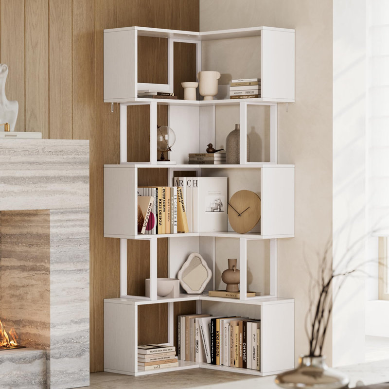 Corner Bookshelf, 62.6" Tall Metal Wooden Bookcase, Modern Freestanding Corner Shelf with Baffle, 6 Tiers l-Shaped Display Rack Storage Organizer