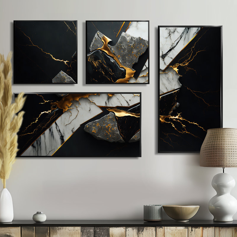 Géode abstraite noire III - 4 impressions sur toile modernes et noires, Impression encadrée sans passe-partout, Noir