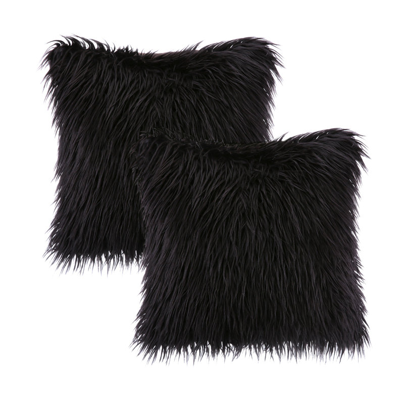 Chrismas Long Faux Fur Collection Square Throw Pillow, Pillow Cover and Insert, Square 20", Black