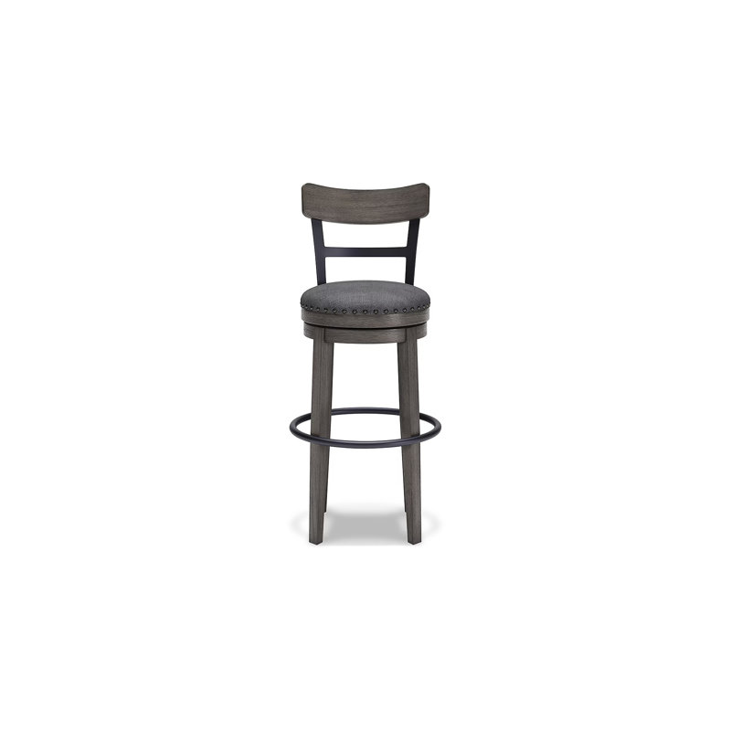 Elegant Gray Swivel Barstool with Curved Back and Nailhead Trim