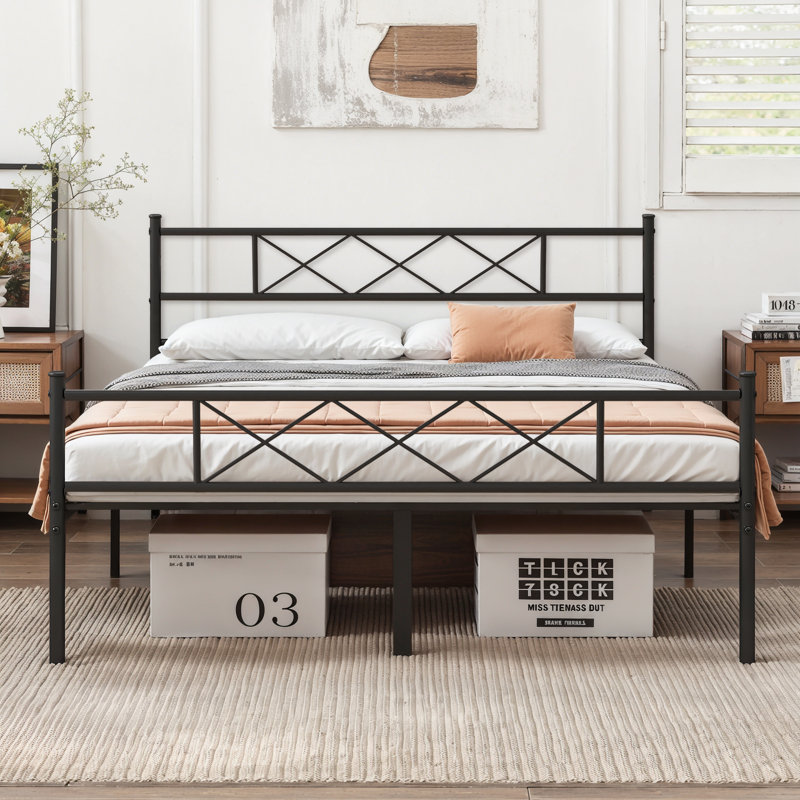 YT Metal Bed Frame with Headboard / Steel Slat Support, Double (4'6), Black