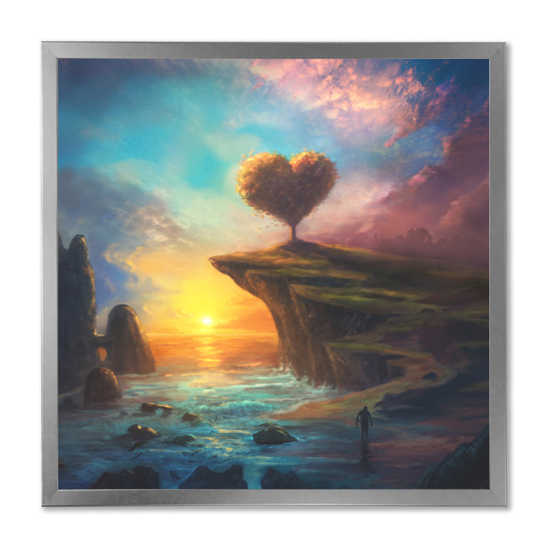 Cœur, paysage coucher de soleil - On, H 16 po x l 16 po x P 1 po, Impression argent sur toile encadrée