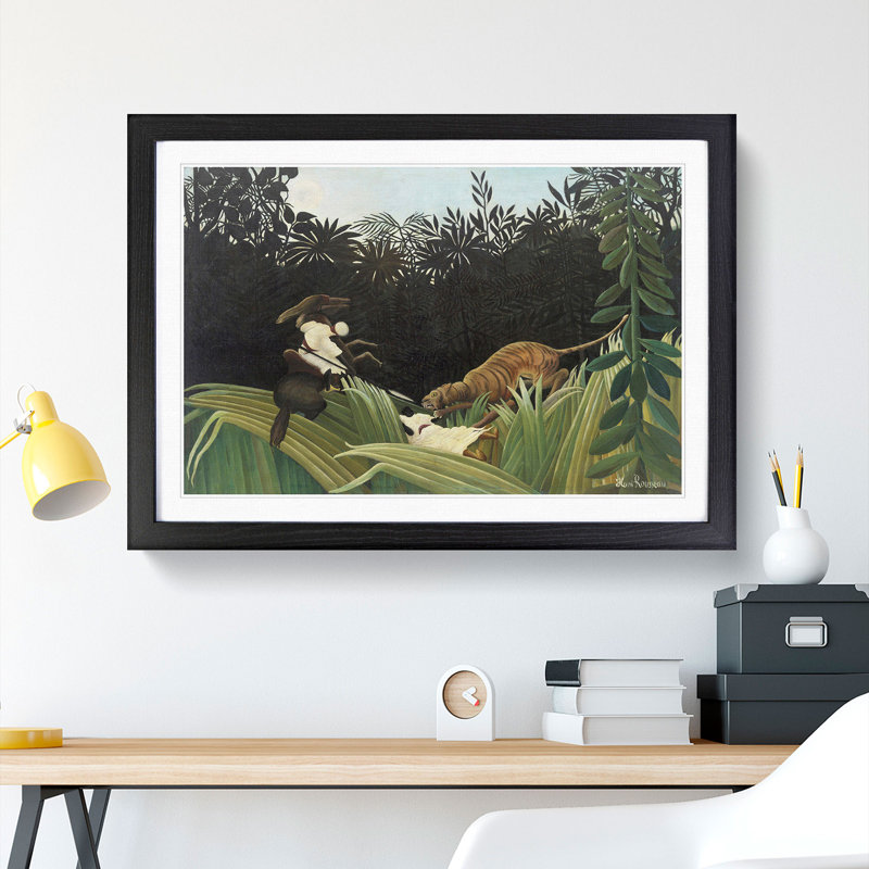 Scouts Attacked by a Tiger by Henri Rousseau - Picture Frame Painting on MDF, 48cm H x 65cm W x 2cm D, Black Framed