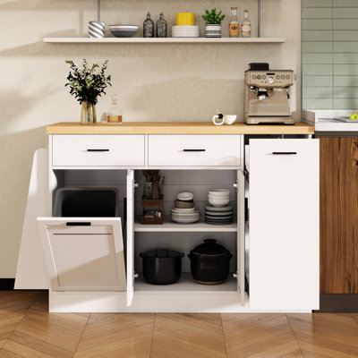 Buffet de cuisine blanc avec rangement multifonctionnel, support à épices à 3 niveaux et poubelle escamotable dissimulée. Pour la salle à manger organisée