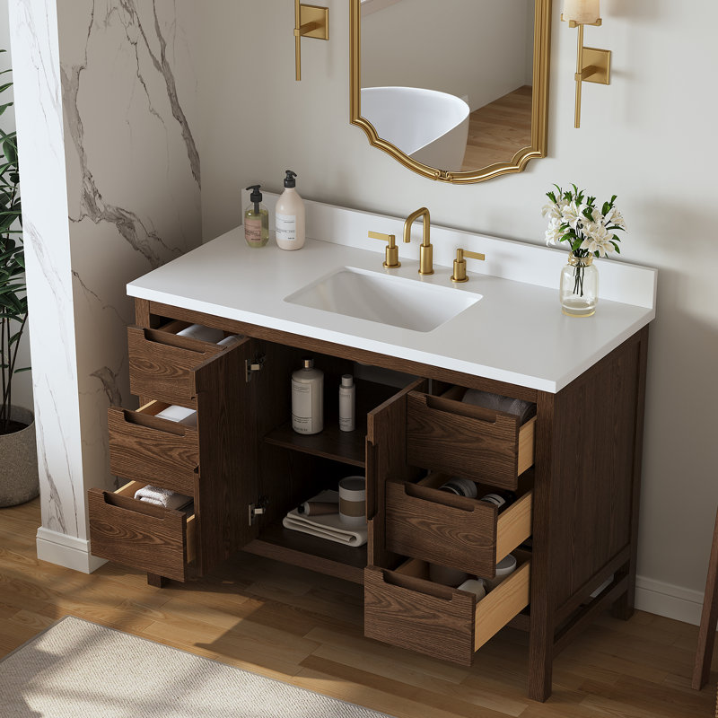 Meuble-lavabo autoportant 48 po avec plateau en quartz blanc et tiroirs à fermeture en douceur Aastha