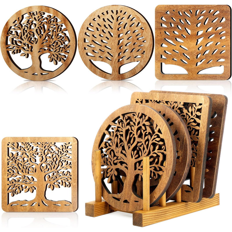 Ensemble de 5 sous-pieds en bois avec support de rangement Hot Pads Sous-plats pour plats chauds Pots et casseroles