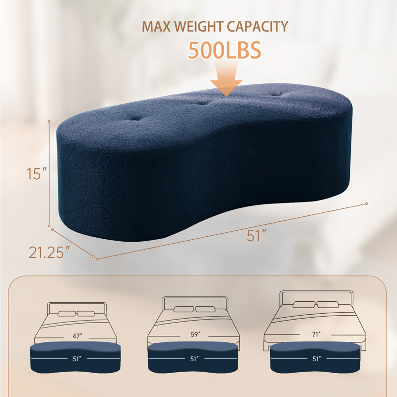51-Inch Tufted Chenille Curved Accent Bench For Bedroom or Dinning room Living room,Compression Bench, Blue Teddy
