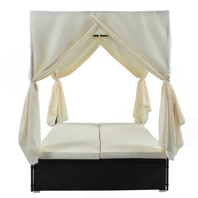 Lit de jour d'extérieur en osier avec coussins et sièges réglables pour patio, Beige
