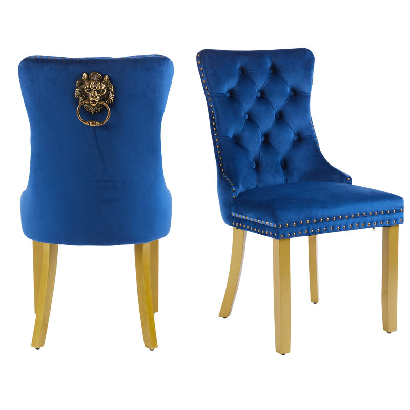 Velvet Upholstered Dining Chair with Wood Legs, 2, Gold, Blue