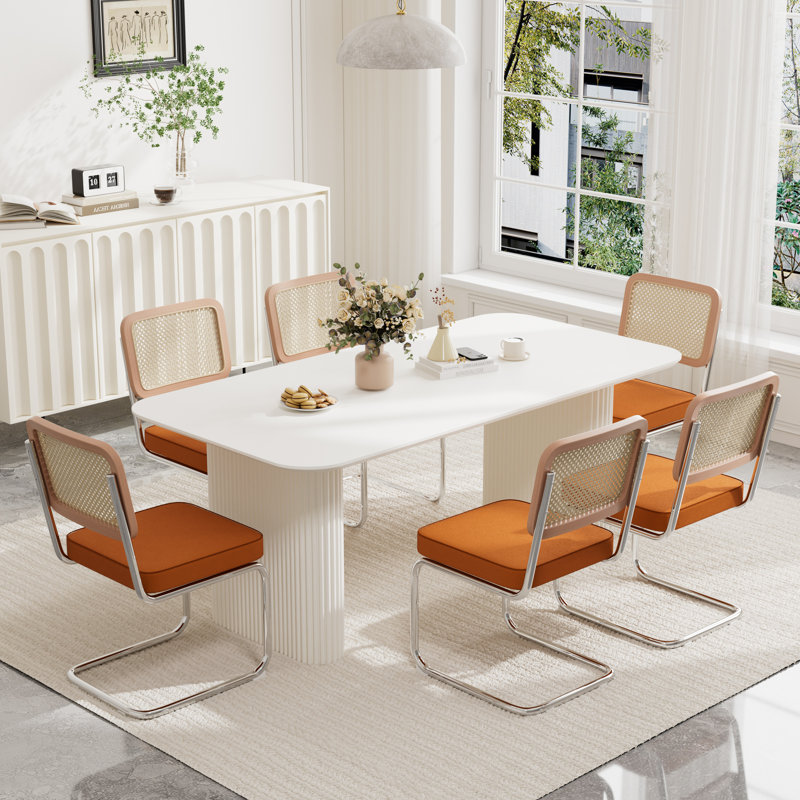 Ensemble de table de salle à manger rectangulaire à double piédestal, 7, Blanc, Orange