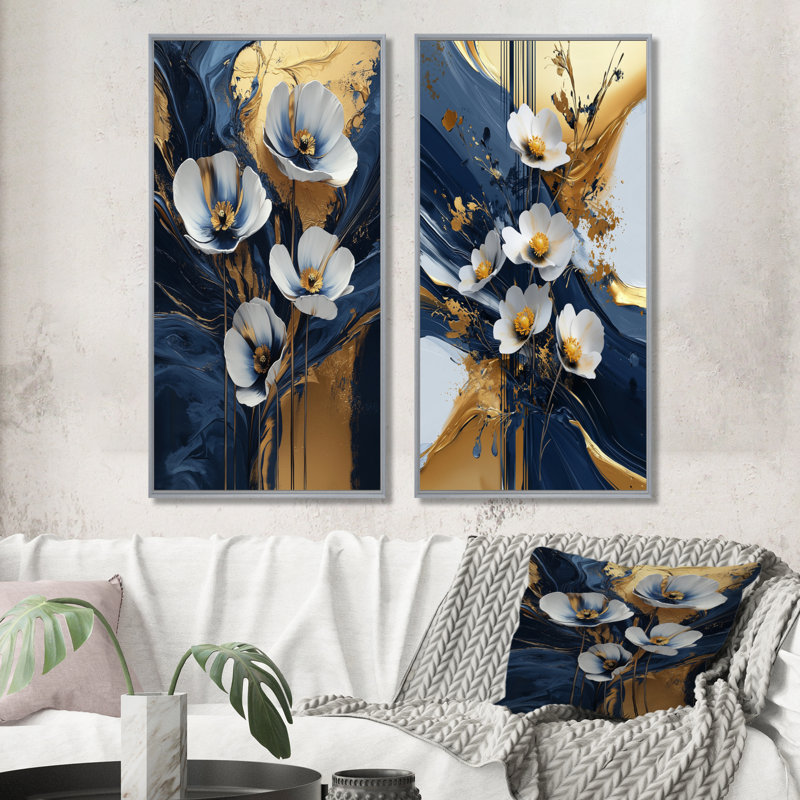 Golden Graceful Buttercups I - Collection d'art floral sur toile 2 panneaux, H 40 po x l 41 po, Encadrement argenté