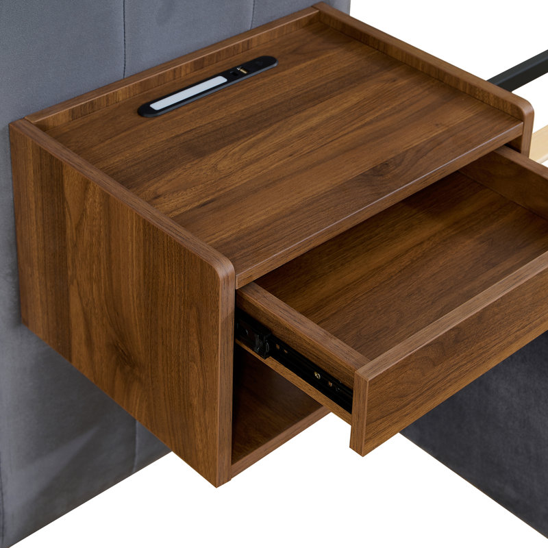Structure de lit tapissier de tête de lit capitonnée en velours avec table de chevet flottante à DEL / USB intégrée, Gris