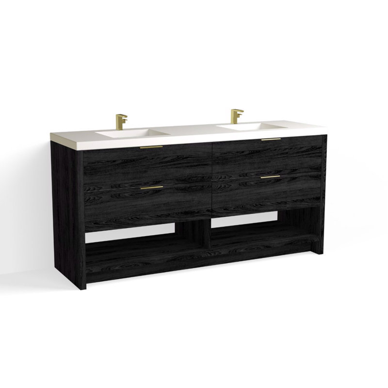 Vue 72" W Freestanding Double Bathroom Vanity, Matte White/Single, White Nanomatte, Satin Brass