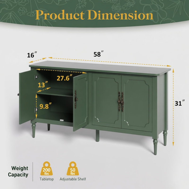 Buffet 58,9 "avec tablettes ajustables, Vert