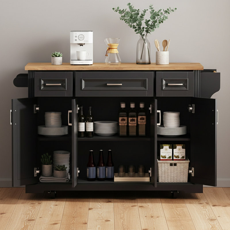 Kitchen Island With Drop Leaf And Wheels, Black