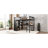 Queen size metal loft bed frame with built-in wardrobe, desk, and storage shelves, space-saving design, black