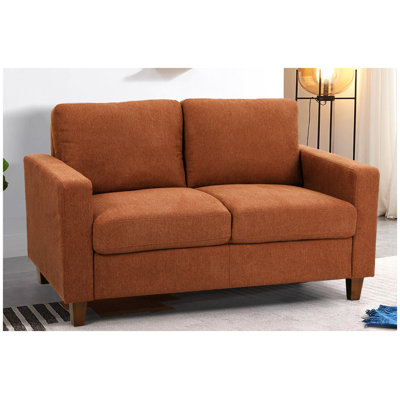 Canapé 2 places moderne Mid-Century, canapé en tissu d'ameublement orange avec coussins en mousse haute densité et pieds en bois massif amovibles pour le salon ou un appartement