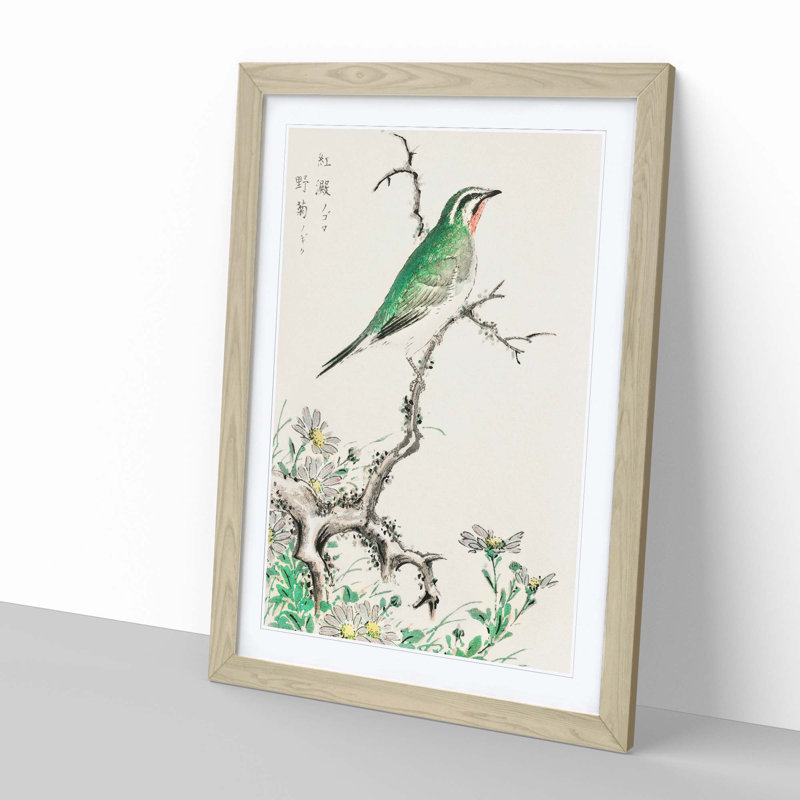 Ruby Throat & Wild Camomile by Numata Kashu - Picture Frame Painting Print, 50cm H x 35cm W x 2cm D, Oak