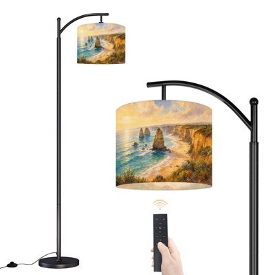 Dimmable LED Arc Standing Floor Lamp Coastal Sunset, Height Adjustable Lamp Shade with Remote Controller, for Living Room Bedroom Office