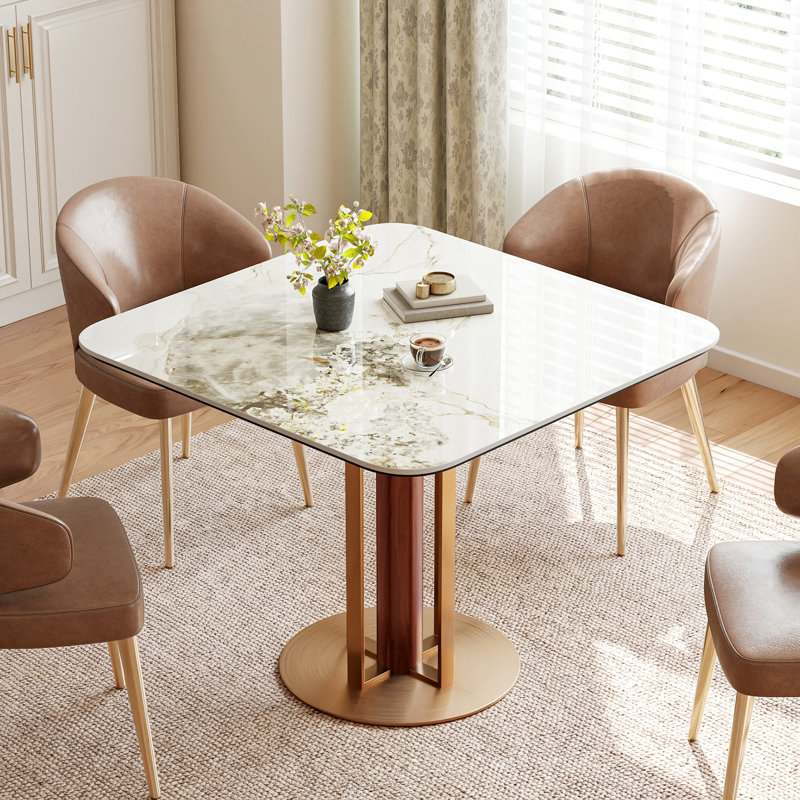 Table de salle à manger carrée de 89 cm (35 po) en pierre frittée blanche avec pied central doré pour 4 personnes, White