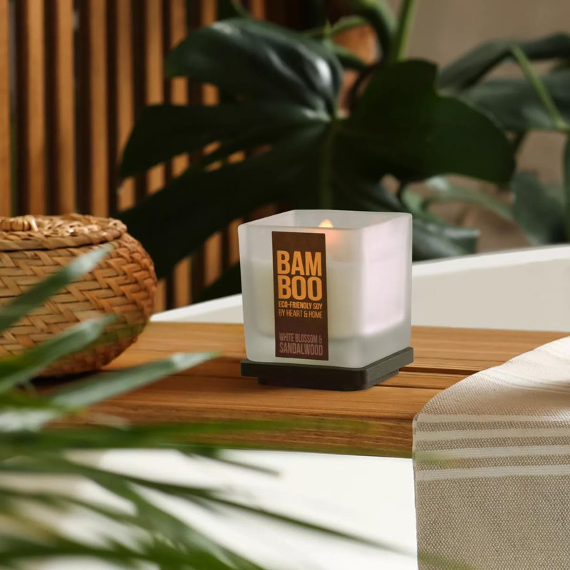 Bamboo Everyday Plant / Floral Scented Jar Candle with Glass Holder - White Blossom & Sandalwood, 6" x 6" Jar, 255 Jar