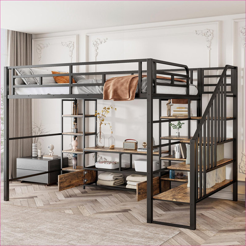 Lit mezzanine double en métal, sans sommier, avec escalier, table de rangement et tablettes, noir pour petits appartements