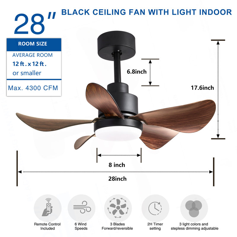 Ventilateur de plafond 28 pouces avec télécommande, lumières, petit ventilateur encastré, 5 pales réversibles, ventilateur de plafond à profil bas, 6 vitesses, 3 couleurs pour la cuisine de la chambre à coucher