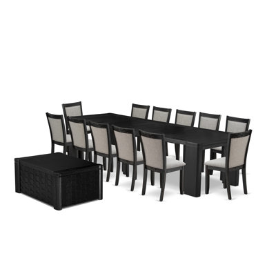 14-piece Dining Room Table Set, a Rectangular Kitchen Table with a coffee Table and 12 Shitake Linen Fabric kitchen Chair, 39x120 Inch, Wire Brushed Black
