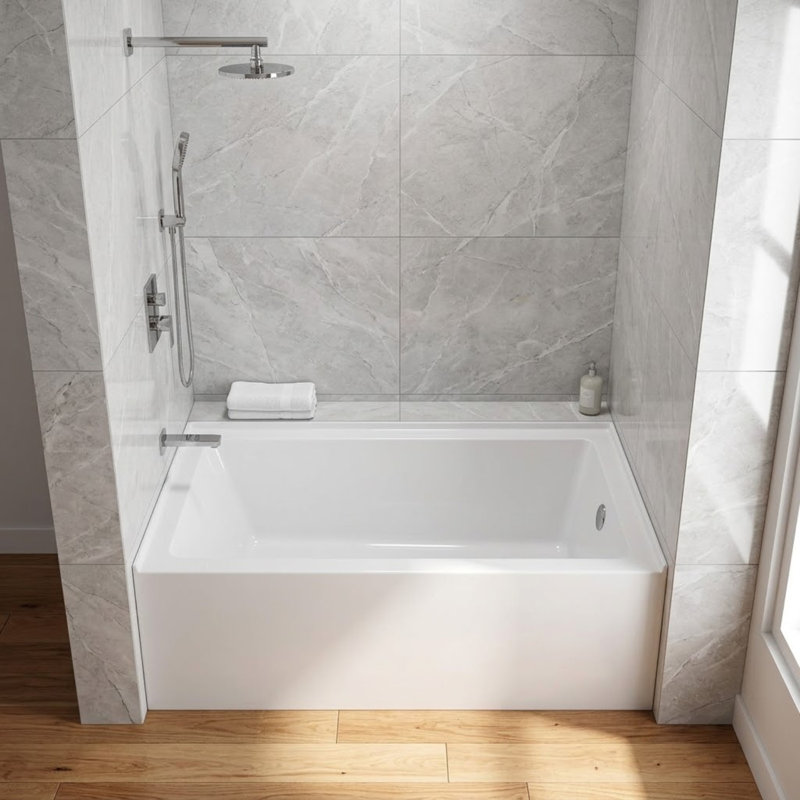 Baignoire alcôve moderne de 60 po x 36 po avec dossier ergonomique et base antidérapante, drain à droite, blanc brillant - LUXE
