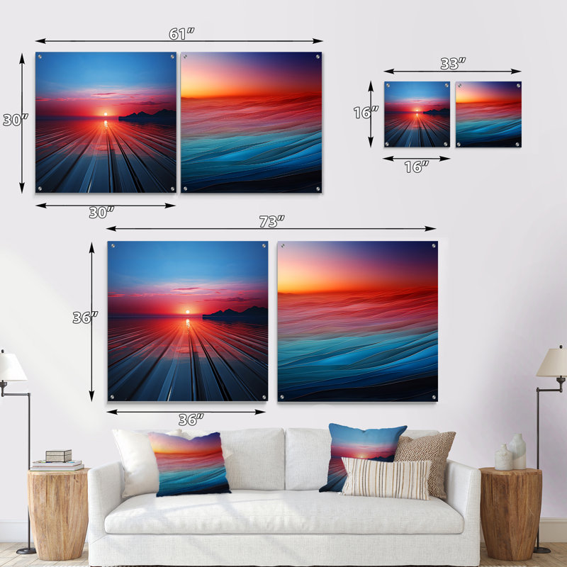«Sunset Beach» Horizon Hue - Ensemble de 2 peintures murales en acrylique arc-en-ciel, H 16 po x l 33 po