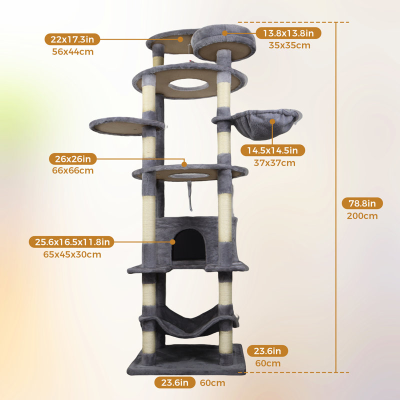 Structure de jeu 78 po en gris foncé avec base stable, zones de grattage et niveaux multiples pour grimper en hauteur