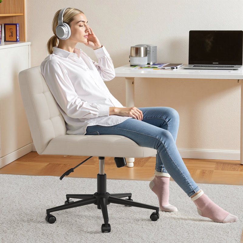 Swivel Criss Cross Legged Chair With Wheels, Armless Home Office Chair With Comfy Wide Cushion, Height Adjustable For Desk, Vanity, Bedroom, Linen, Beige
