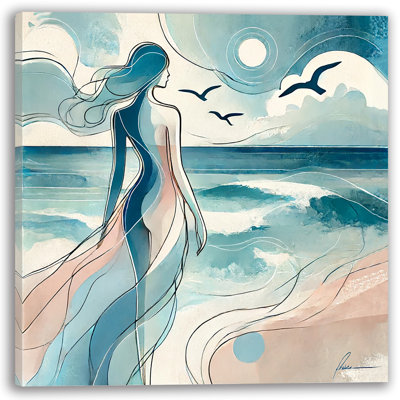 «Ethereal Waves: Woman by the Ocean», art mural sur toile