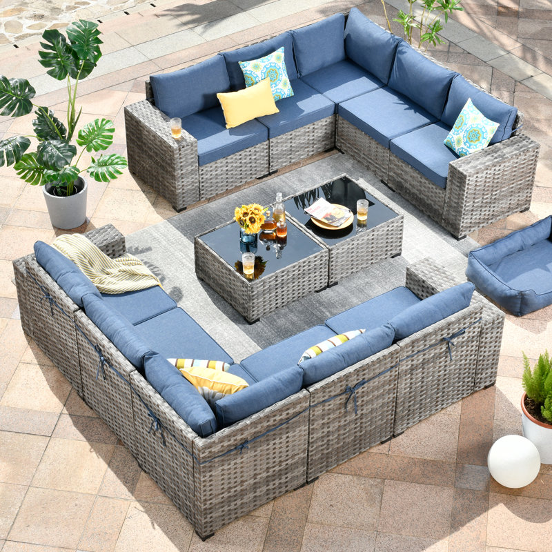 Evanna Wicker 10 - Person Modular Patio Conversation Set with Cushions, Denim Blue